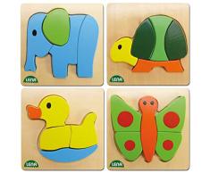 Lena 32060EC Holzpuzzle Tiere 4er Set, Pack mit 4 verschiedenen Puzzle aus Holz 100% FSC Zertifiziert, 4 Legepuzzle mit je 4 bis 5 Puzzleteilen, Legespiel für Kleinkinder ab 18 Monate