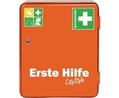 Söhngen Verbandsschrank Heidelberg Norm - City Style (mit Sicherheitsschloss, erweiterbar, Inhalt nach DIN 13157, mit Verbandsmaterial, Rettungsdecke) orange, 0501030