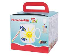 Kreul 16500 - PorcelainPen easy Tassenset für Kinder, weiße Tasse zu selber Gestalten, 4 Porzellanmalstifte mit Pinselspitze in gelb, kirschrot, dunkelblau und schwarz