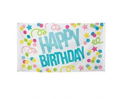 Boland 31001 - Dekorationsfahne Happy Birthday, 1 Stück, Größe 90 x 150 cm, Geburtstag, Konfetti, Luftschlange, Flagge, Polyester, Banner, Wanddekoration, Kindergarten, Party