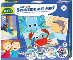 Lena 42632 - My First Bastelset Schneide mit mir Meerestiere, Komplettset mit kindersicherer Schere, 21 Tieren zum Ausschneiden und 5 Ausmalmotiven, Set für Kinder ab 3 Jahre, 3 Schwierigkeitslevel