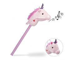 Relaxdays Steckenpferd Einhorn, mit Sound, aus Holz & Plüsch, niedliches Stockpferd, Wiehern & Hufgetrappel, 74 cm, rosa