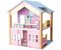 small foot 3110 Puppenhaus Blaues Dach aus Holz in zauberhaften Pastelltönen, inkl. 15 farbenfrohen Möbelstücken