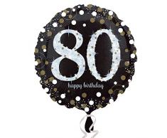 amscan 3374201 Folienballon 80 Sparkling Birthday, Schwarz, Silber, Gold, 18 (45cm)