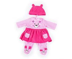 Bayer Design 83887AA Puppenkleidung für 33-38cm Puppen, Kleid, Hose, und Mütze, Set, Outfit mit niedlichem Bärenmotiv, pink-weiß gestreift