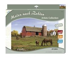 MAMMUT 108006 - Malen nach Zahlen Artists, Landschaftsmotiv, Bauernscheune, Komplettset mit bedruckter Malvorlage im A3 Format, 20 Acrylfarben und Pinsel, großes Malset ab 8 Jahre