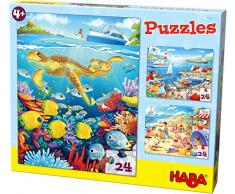 HABA 304217 - Puzzles Am Meer, 3 Puzzles mit je 24 Teilen; 3 unterschiedliche Meeres- Und Strandmotive, Puzzlespaß ab 4 Jahren