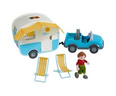 HABA 304740 - Little Friends – Spielset Urlaubsreise, mit Gelände- und Wohnwagen, Liegestühlen und Little Friends-Junge, Zubehör für die Little Friends-Spielwelt, ab 3 Jahren