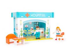 small foot 10857 Spielhaus Krankenhaus aus Holz, mit 2 Puppenfiguren, Zubehör und abnehmbarem Dach, ab 3 Jahren