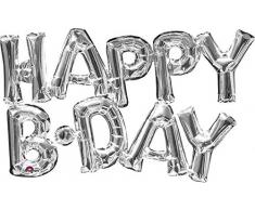 amscan 3309501 Folienballon SuperShape Wort Happy Bday, Silber