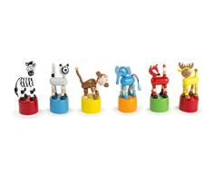 Small Foot 11119 Drückfiguren Wildtiere aus Holz, 6-er Set, Gastgeschenk an Kindergeburtstagen Spielzeug, Mehrfarbig