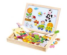 Bino & Mertens 88117 Holz-Puzzle-Box, 102 tlg., mit beschriftbarer, magnetischer Tafel, Filzstift, Radierer für die Front und Kreide für die schieferähnliche Rückseite. Größe der Box 31x23,5x3,5 cm.