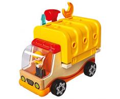 Bino & Mertens 84090 - Holz-Multiauto, 30 tlg.,bunt. Der Auflieger aus Kunststoff wird abgeklappt zur Werkbank. Für Kinder im Alter ab 3 Jahren. Größe ca. 31,5x21,5x15,5.
