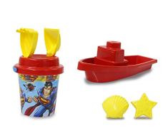 Superman Sandeimerset Boot und Eimer 7teilig - offiziell lizenziert – Eimer, Schaufel, Handrechen, 2 Förmchen, Boot, Sandsieb