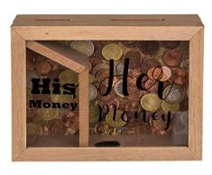 Out of the Blue 144329 - Naturfarbene Spardose aus Holz, mit 2 Fächern, His money & Her money, ca. 20 x 15 cm
