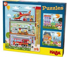 HABA 304186 - Puzzles Kleine Feuerwehr, 3 Puzzles mit je 24 Teilen, 3 unterschiedliche Feuerwehr-Motive, Puzzlespaß ab 4 Jahren