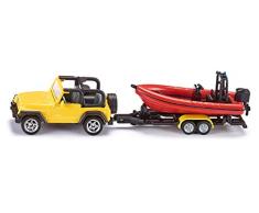 SIKU 1658, Jeep mit Boot, Metall/Kunststoff, Gelb/Rot, Abnehmbarer Anhänger, Schwimmfähiges Boot