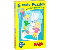 HABA 305235 - 6 erste Puzzles – Mein Tag, Puzzle ab 2 Jahren mit extragroßen Teilen und Holzfigur zum freien Spielen