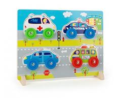 Small Foot 10642 3D lackiertem Holz mit bespielbaren Autos auf Rädern Teile, mit Krankenwagen, Polizeiauto, Schulbus und PKW, praktischer Ständer lässt das Puzzle Stehen