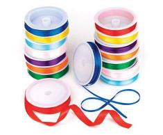 Baker Ross Bunte Satinbänder im Vorteilspack mit 8 Farben und 2 Größen (4mm & 10mm), 7,5m Band pro Spule - (16 Rollen)