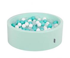 KiddyMoon Bällebad 90X30cm/300 Bälle ∅ 7Cm Bällepool Mit Bunten Bällen Für Babys Kinder Rund, Mint:Helltürkis/Weiß/Transparent