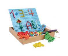 Steck - und Fädelpuzzle mit Steckbrett, 5 Formen, 6 Schnüren, 347 bunten Steckbolzen und einer Holzbox zur Aufbewahrung, fördert spielerisch die Kreativität und Feinmotorik, für Kinder ab 3 Jahre