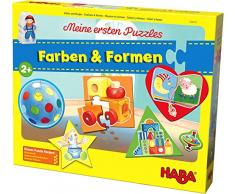 HABA 304477 - Meine ersten Puzzles – Farben & Formen, Kinderpuzzle mit 5 Motiven ab 2 Jahren, mit beidseitig bedruckter Holzfigur zum freien Spielen