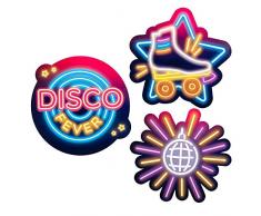 Boland 756 - Pappdekorationen Disco Fever, 3 Stück, Größe 29 x 30 cm, Rollschuh, Discokugel, Kartondekoration, Wanddekoration, Mottoparty, Disco, Geburtstag, Karneval