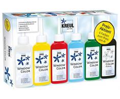 Kreul 42847 - Window Color Aktionsset, für kleine und große Kreative, 5 x 80 ml Fenstermalfarbe in weiß, gelb, rot, blau und grün, 80 ml Konturenfarbe in schwarz, Spezialfolie und Malvorlagen
