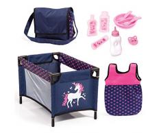 Bayer Design 61754AC Puppenzubehör, 11 in 1 Pflegeset, Großes Zubehörset für Babypuppen inkl. Tasche, Reisebett, Schlafsack und Pflegezubehör, blau, pink mit Einhorn