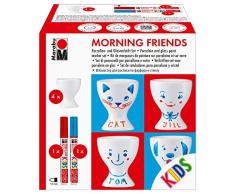 Marabu 0125000000099 - Porcelain & Glas Painter Kids, Set Morning Friends, spülmaschinenfest nach Einbrennen, Set mit 4 Eierbecher, 2 Farben Porzellan- und Glasmalstift KiDS rot blau, Spitze 1 - 3 mm