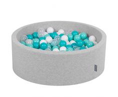 KiddyMoon Bällebad 90X30cm/200 Bälle ∅ 7Cm Bällepool Mit Bunten Bällen Für Babys Kinder Rund, Hellgrau:Helltürkis-Weiß-Transparent-Türkis