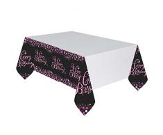 Amscan 9900572 - Tischdecke Happy Birthday, 1 Stück, Größe 120 x 180 cm, Pink, Kunststoff, wasserabweisend, Sparkling, Glitzer, Weiß mit Motiven in Schwarz-Pink, Alles Gute zum Geburtstag, Konfetti
