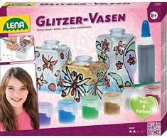 Lena 42693 - Bastelset Glitzer - Vasen, Komplettset mit 3 kleinen Flacons aus Kunststoff, 6 glitzernden Farben, Malpinsel, Konturenpaste und Deko Steine, Glasmalset für Kinder ab 8 Jahre