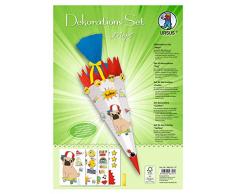 Ursus 9880011F Dekorationsset Mops, 4 Bogen Bastelkarton DIN A4, beidseitig Bedruckt, vorgestanzt, genutet, zum Dekorieren Einer Schultüte, teilweise veredelt, mit Satinband, bunt