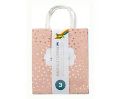 folia 21822/3 - Papiertüten Hotfoil aus Kraftpapier, Geschenktüten mit Heißfolienprägung, 3 Stück, ca. 18 x 8 x 21 cm, farbig sortiert, zum Basteln, Verzieren und Verschenken