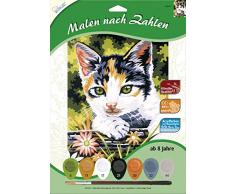MAMMUT 105018 - Malen nach Zahlen Tiermotiv, Kätzchen, Katze, Komplettset mit bedruckter Malvorlage im A4 Format, 7 Acrylfarben und Pinsel, Malset für Kinder ab 8 Jahre