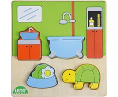 Lena 32143 - Holzpuzzle Bad, Kinderpuzzle mit Grundplatte 14 x 14 cm und 4 Puzzleteilen, Teile und Platte aus 100% FSC Holz, Puzzlespiel für Kinder ab 18+ Monaten, Legespiel für Kleinkinder