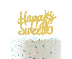 Happy Sweet 16 Cake Topper Celebrate 16th Birthday Party Decorations Crown Happy Sweet Sixteen Schild (doppelseitig, goldener Glitzer)