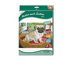 MAMMUT 110001 - Malen nach Zahlen Classic Tiermotiv, Mops, Hund, Komplettset mit bedruckter Malvorlage im A4 Format, 8 Acrylfarben und Pinsel, Malset für Kinder ab 8 Jahre