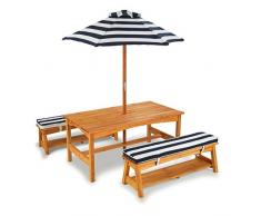 KidKraft 106 Gartentischset mit Bank, Kissen und Sonnenschirm Gartenmöbel für Kinder-Streifenmuster, Naturfarben