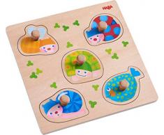 HABA 304589 - Greifpuzzle Bunte Tiere, 5-teiliges Holzpuzzle mit Tiermotiven und griffigen Holzknöpfen, Holzspielzeug ab 12 Monaten