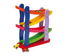 Rennbahn im Kaskadenstil aus buntem Holz, Holzbahn mit vier Etagen, Kugelbahn inkl. vier Autos aus Holz, ab 18 Monate