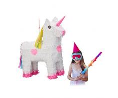 Relaxdays Pinata Einhorn, zum Aufhängen, Kinder, Mädchen, Geburtstag, zum Befüllen, HxBxT: 47 x 43 x 13 cm, weiß-rosa
