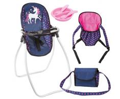 Bayer Design 63654AB Vario Set 9 in 1 mit Hochstuhl, Tasche, Trage, Teller, Gabel, Löffel, Puppenzubehör, blau rosa Einhorn