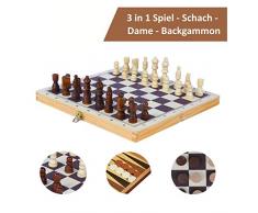 Schach Holz Schachspiel Schachbrett klappbar Reiseschach Backgammon Dame Spiel 3 in 1 Set Spielsammlung Feldgröße 29x29 cm Brettspiel Reisespiele für Hobbyspieler Einsteiger Kinder ab 6 Jahren