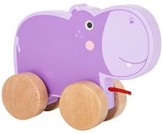 Small Foot 10611 Ziehspielzeug aus Holz mit niedlichem, lilafarbenden Hippo auf Vier naturbelassenen Rädern und Langer Schnur zum Hinterherziehen