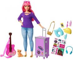 Barbie FWV26 - Reise Puppe mit pinken Haaren inkl. Reisezubehör und Kätzchen, Puppen Spielzeug und Puppenzubehör ab 3 Jahren