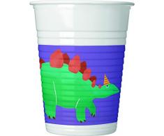 Procos 90568 Partybecher Dinosaurier aus Plastik, 8 Stück, weiß, lila, grün