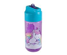POS 28233088 - Trinkflasche mit niedlichem Einhorn Motiv, transparent mit Strohhalm zum hochklappen, BPA-frei, Fassungsvermögen ca. 450 ml, ideal für Schule, Sport und Freizeit